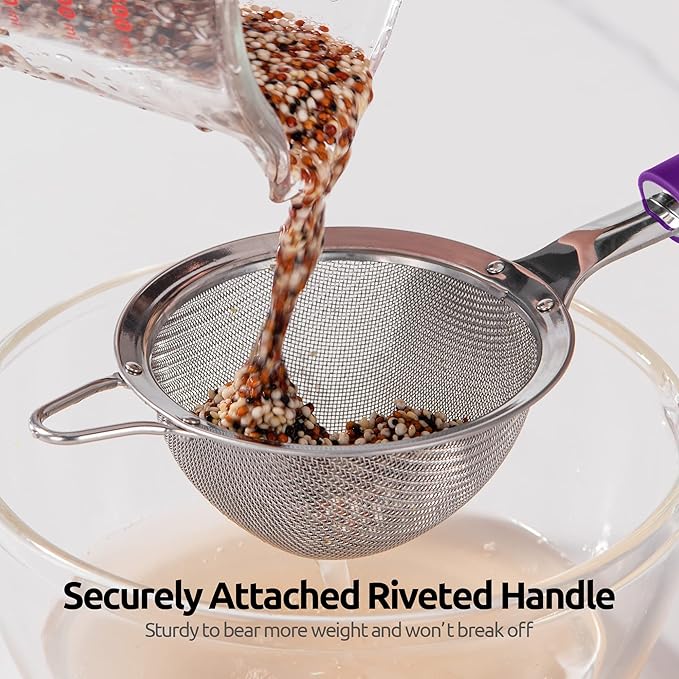18/8 Stainless Steel Mesh Strainer: U-Taste 3.9 Inch Kitchen Fine Mesh Sieve Food Colander with Riveted Sturdy Silicone Handle and 30 Mesh Hole for Straining Flour, Quinoa, Tea, Juice (Purple)
