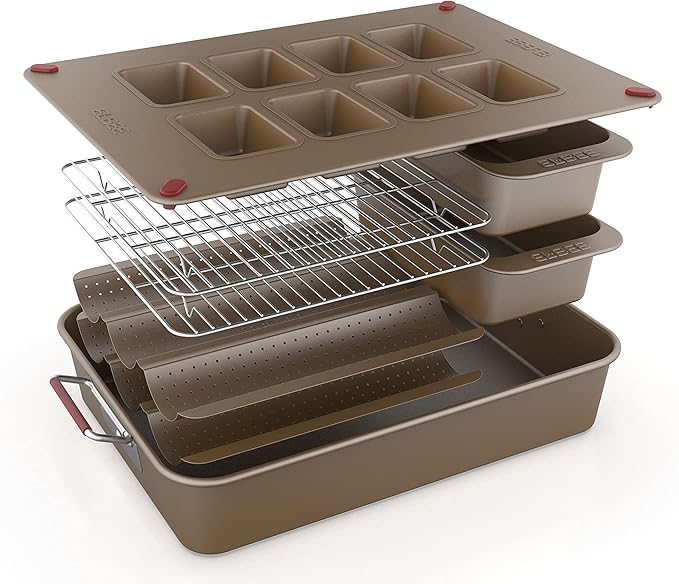 Elbee Home 8-Piece Nonstick Space Saving Bread Baking Pan Set - Includes Large Roasting Pan - Bread Loaf Pan - Baguette Pan - Cooling Rack - 8-Cavity Mini Loaf Pan Aluminized Steel - PFOA & PFOS Free