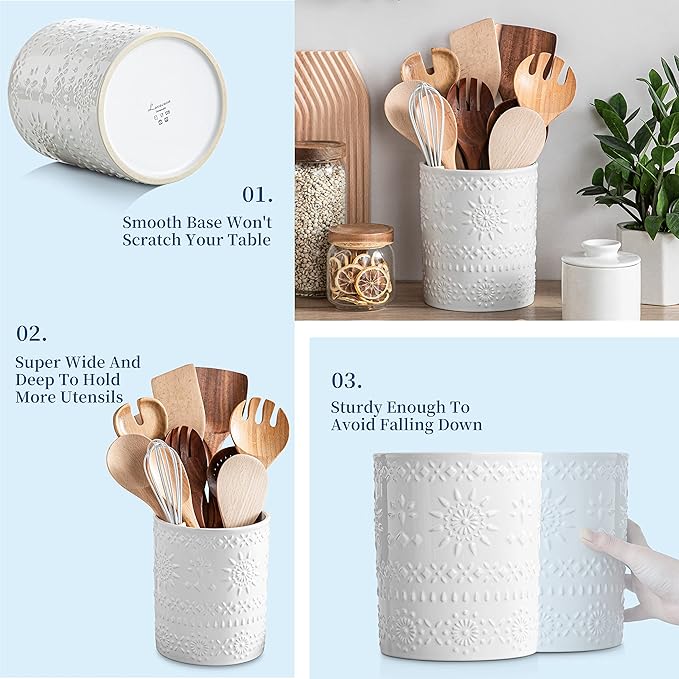 LOVECASA Extra Large Kitchen Utensil Holder, 7.2" Ceramic Farmhous Utensil Holder For Kitchen Countertop Décor With Heavy And Sturdy Base, Utensil Crock Organizer, White