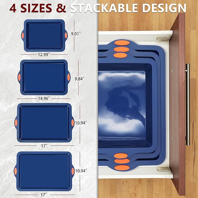 To encounter Silicone Baking Pans Set, 4 Pieces Nonstick Bakeware Set with Baking Pans, Baking Sheets, Cookie Sheets, Cake Pan with Grips and Metal Reinforced Frame More Strength, Navy Blue