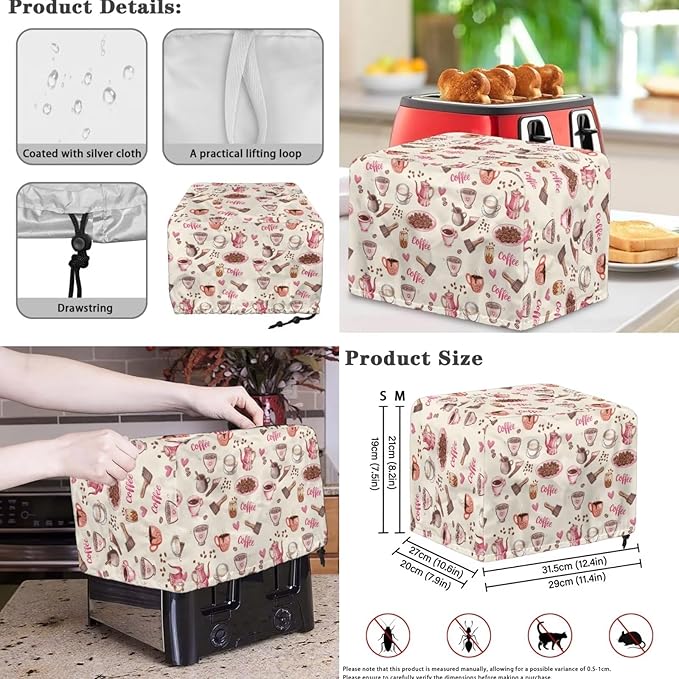 Pink Coffee Theme Kitchen Appliance Covers Set Toaster Cover 4 Slice Food Processor Hood Crock Pot Dust Cover with Side Pockets Machine Washable 3PCS