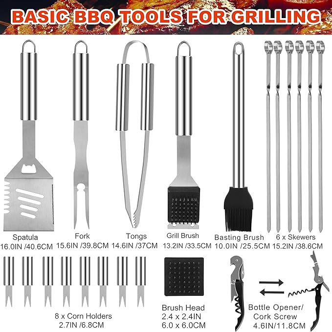 Grilljoy BBQ Accessories Grill Tools Set - 22PCS Stainless Steel Barbecue Grill Accessories for Outdoor Grill with Black Aluminum Case - Christmas Grilling Gifts for Men & Dad -Grill Tools Kit
