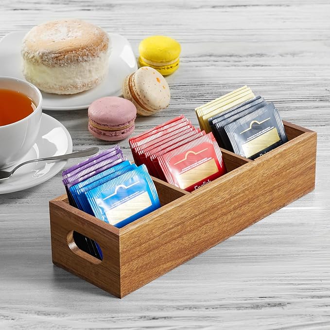 DRASTAR Tea Bag Organizer, Acacia Tea Bag Holder, Tea Storage Containers with 3 Slots, Wooden Tea Storage Accessories, Mini Tea Bag Caddy Box for Countertop