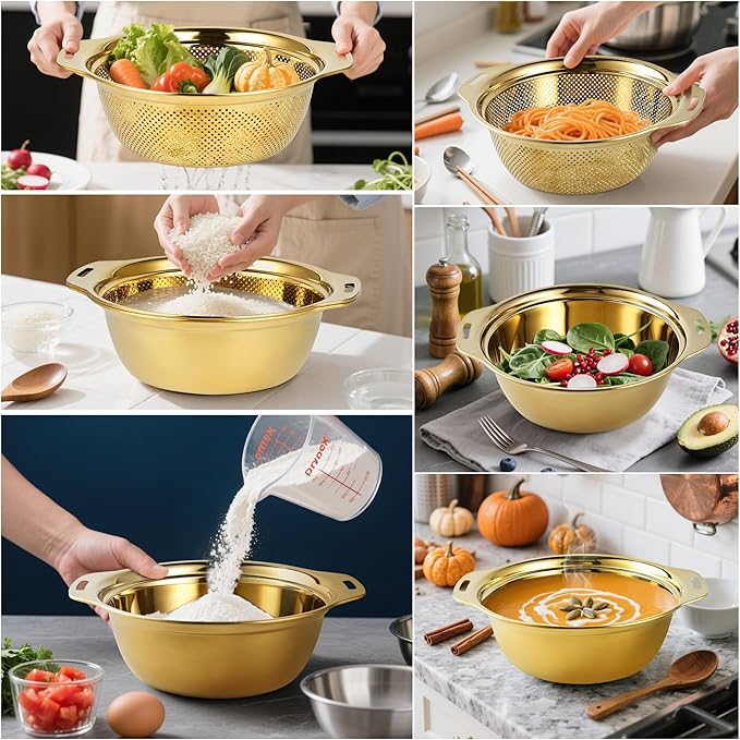 Colander 304 Stainless Steel 3-quart with Mixing Bowls, Strainer for Kitchen Food For washing vegetables, fruit, rice, Dishwasher Safe. (Gold 2PC)