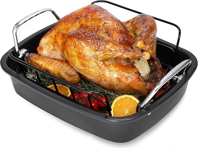 Nonstick Roasting Pan with Rack, Turkey Roasting Pan for Oven, Large Roaster Pan with Handle for Chicken, 17 X 13 Inch, Carbon Steel, Dark Grey