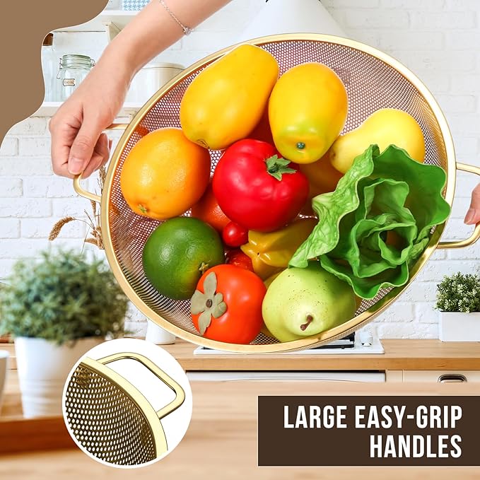 Norme 7 Quart Stainless Steel Gold Colander and 3 Pcs Gold Fine Mesh Strainer, Stainless Steel Pasta Rice Food Metal Strainer with Handles, Easy Clean and Dishwasher Safe