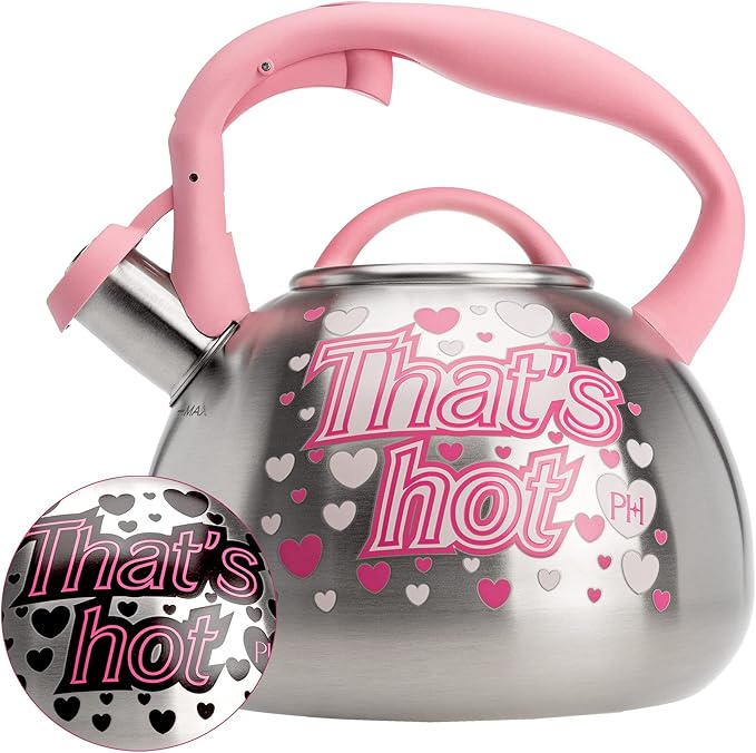 Paris Hilton Whistling Stovetop Tea Kettle, Stainless Steel with Color Changing "That's Hot" Heat Indicator Design, Soft Touch Handle, 2.5-Quart, Pink