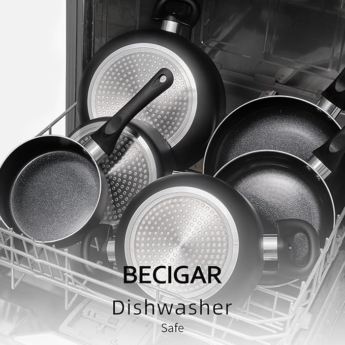 BECIGAR 8pcs Black Ceramic Pots and Pans Set, Cooking Pan Set,Cooking Pot Set Ceramic Pan Set, Nonstick Cookware Set, Induction Safe Kitchen Cooking Set with Frying Pans, Saucepans, shovel and Ladle