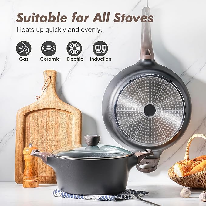 SENSARTE Pots and Pans Set Non stick, Non toxic Healthy Induction Cookware Sets, 26 Pcs Nonstick Kitchen Cooking Set, w/Frying Pans Set, Saucepans Set, Stockpots Set, PFOA PFOS Free, Black