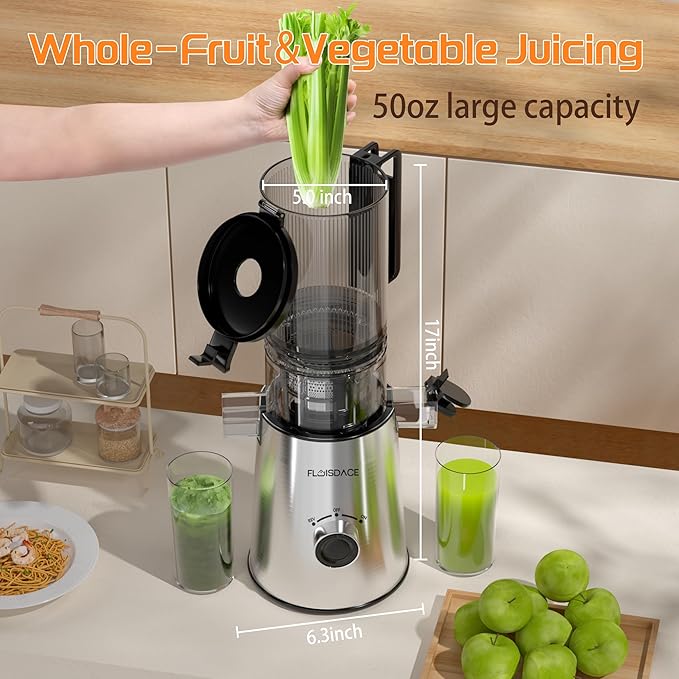 Cold Press Juicer, Masticating Juicer with Large Feed Chute Fit Whole Fruits & Vegetables，Stainless Steel Slow Masticating Juicer Easy to Clean, 99.6% Juice Purity, Metallic Silve