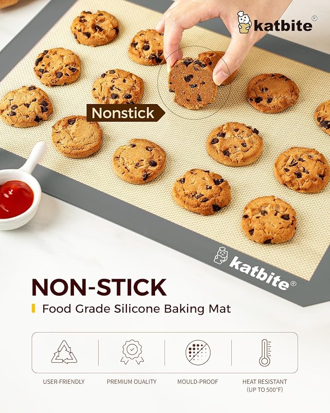 Silicone Baking Mat, Katbite Large Baking Mat Set of 3-2 Half Sheets Mats (11 5/8" x 16 1/2") + 1 Quarter Baking Sheets, Reusable & Nonstick Bakeware Mats for Cookies, Macarons, Bread and Pastry