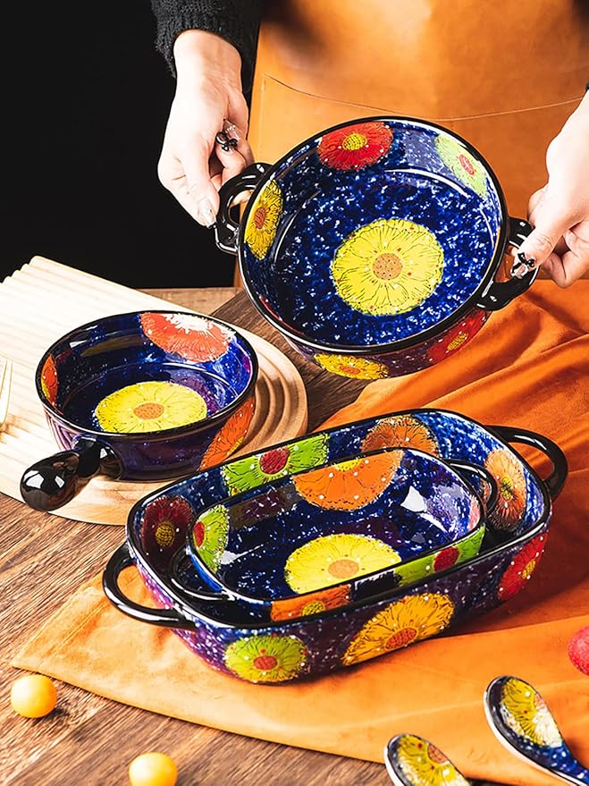 Vintage Style Pottery Bakeware Colorful Daisy Pattern Ceramic Casserole Dish Baking Pan Lasagna Pans Baking Dish with Handles from Oven to Table Plate-1 PCS, 60 OZ