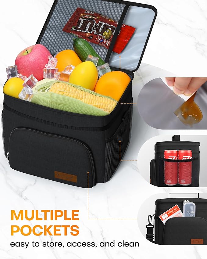 HOTOR Insulated Lunch Box for Men & Women - Leak-Proof Cooler Lunch Bag with 4 Pockets, Adjustable Strap, Ideal for Work, Picnic, Travel - Large, Black, 13.0"×7.9"×9.1"