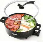 6L Electric Hot Pot with S-Shape Dual-Divider, Smart Temperature Control, 5 Heat Settings, 1350W Fast Boiling, Diamond Nonstick Pot (Black Hollow Handles)
