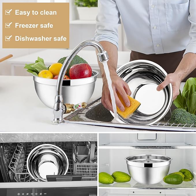 E-far Mixing Bowls with Lids, 6-Piece Stainless Steel Salad Bowls Metal Nesting Bowls for Baking Cooking and Prepping, Airtight Lids & Stackable Design, Size 4.5, 3, 1.5 QT (Khaki)