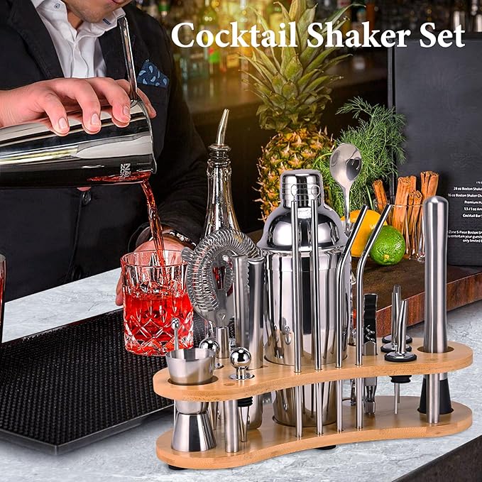Cocktail Shaker Set, 19 Piece Bartender Kit, Silver, Bar Tool Set with Cocktail Shaker, Mixer Spoon, Measuring Cup, Strainer, Muddler, Corkscrew, Tongs