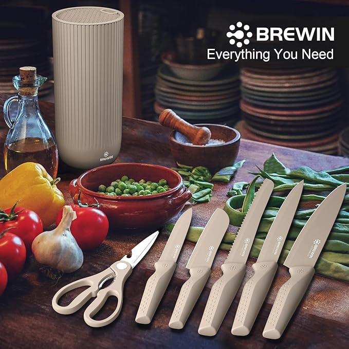 Knife Set, Brewin Kitchen Knife Set, Knives Set for Kitchen, Universal Knife Block, Utility Knife Block Set, New Home Essentials, Apartment Essentials, Dishwasher Safe
