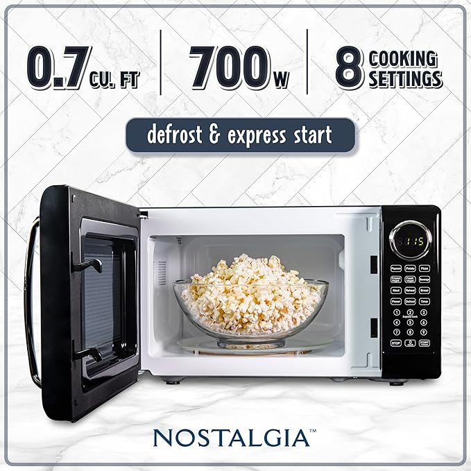 Nostalgia Retro Microwave Oven - 0.7 Cu Ft, 700-Watt Countertop Size with Glass Turntable, Child Safety Lock, 8 Auto-Cook Programs, Digital Clock - Black