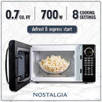 Nostalgia Retro Microwave Oven - 0.7 Cu Ft, 700-Watt Countertop Size with Glass Turntable, Child Safety Lock, 8 Auto-Cook Programs, Digital Clock - Black