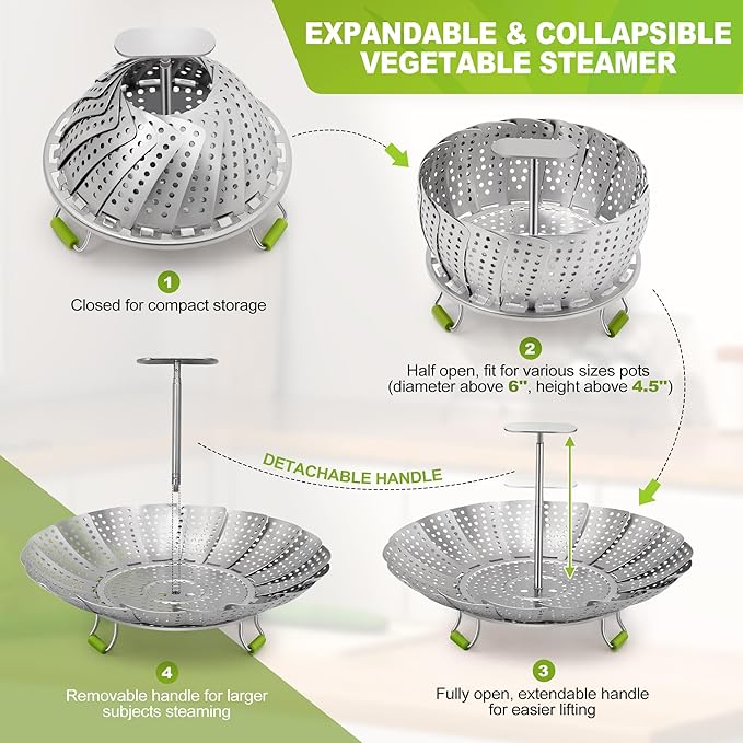 Pavsrmy Steamer Basket, 3rd Generation Stainless Steel Vegetable Steamer with Extendable Handle for Cooking Food, Folding & Expandable Veggie Steam Insert, Fit Various Size Instant Pot (5.5" to 9")