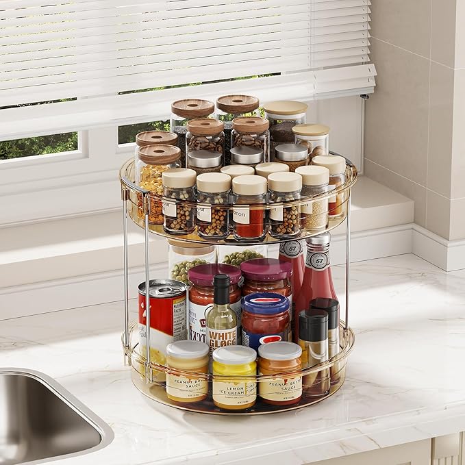 LAMU 12inch 2 Tier Lazy Susan Turntable Organizer Rotating Spice Rack Organization for Cabinet, Kitchen, Pantry, Countertop, Bathroom, Vanity, Medicine Cabinet Organizer, Amber