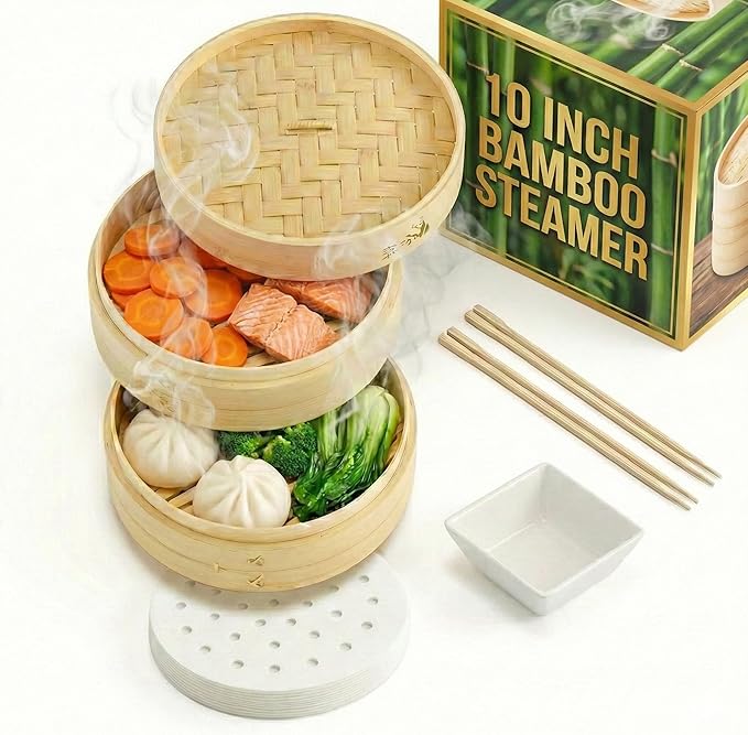 Prime Home Direct Bamboo Steamer Basket 10-Inch | 2-Tier Steamer for Cooking | 50 Liners, Chopsticks, Sauce Dish | Steaming Asian Food, Bao Buns, Chinese, Dim Sum, Dumpling, Rice, Vegetable Steam Pot