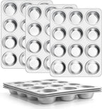 E-far Stainless Steel Muffin Pan Set of 6, 12 Cups Cupcake Pans Tins for Baking, Non-Toxic Metal Muffin Tray Molds for Small Mini Cupcake, Heavy Duty & Regular Size, Rust Free & Dishwasher Safe