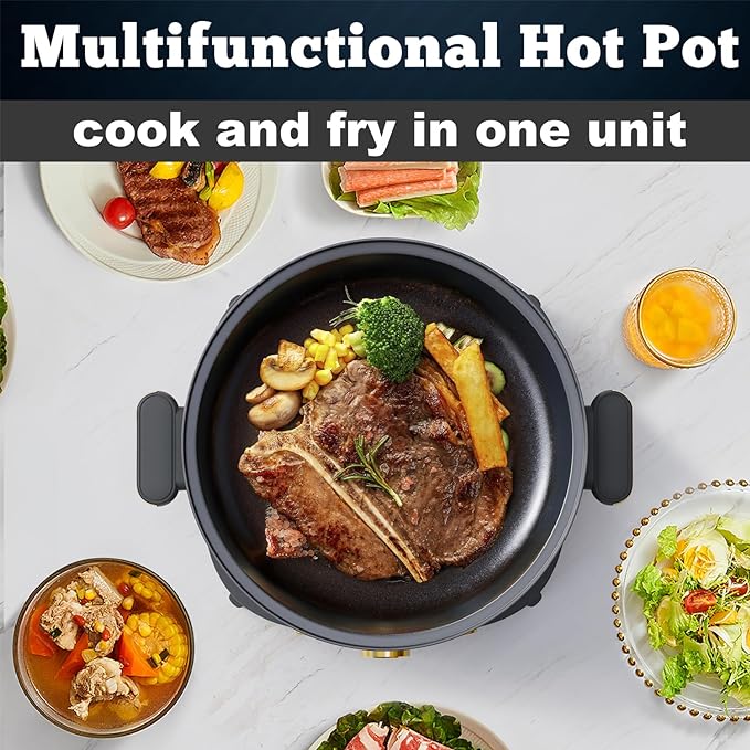 Dezin Electric Shabu Shabu Pot with Removable Pot, 4L Non-Stick Hot Pot Electric with Dual-Power Control, Electric Pot with Tempered Glass Lid for Party, Family and Friend Gathering