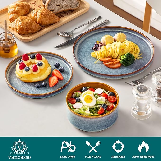 vancasso ONION Ceramic Plates and Bowls Sets, 24 Pieces Blue Dinnerware Sets for Kitchen, Reactive Glaze Dishes Set for 8, Dishwasher and Microwave Safe