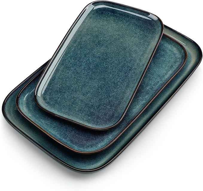 vancasso Stern Serving Platters Set of 3, 15/13/ 11 Inches Rectangular Serving Plates, Green Serving Trays for Entertaining, Party