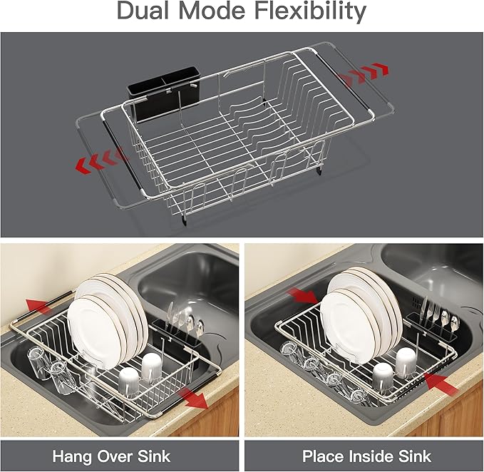 Over the Sink Expandable Dish Drainer Drying Rack In Stainless Steel for Small Kitchen, Counter Space Saving Modern Compact Metal Above Plate Dryer Strainer, Adjustable Hanging Inside Drain Holder