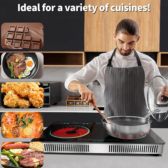 Karinear 2 Burner Electric Cooktop 110V, Portable Electric Stove with Handle, Knob Control Electri Hot Plate, Ceramic Countertop Burner, Timer, Safety Lock, 9 Power Level, 2000W, 24 inch(Green)