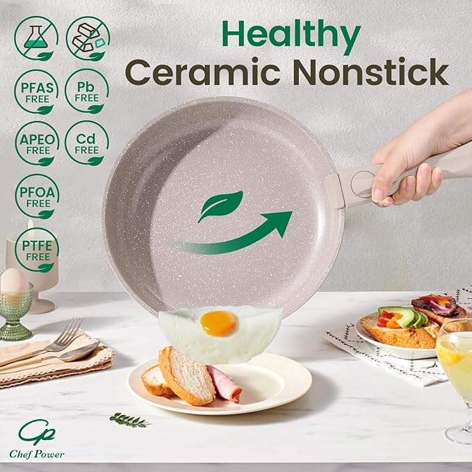 Chef Power Ceramic Nonstick Pots and Pans Set 19 Piece with Detachable Handle, Induction Dishwasher Oven Safe Cookware Set, RV Kitchen Set Removable Handle, Mocca Taupe