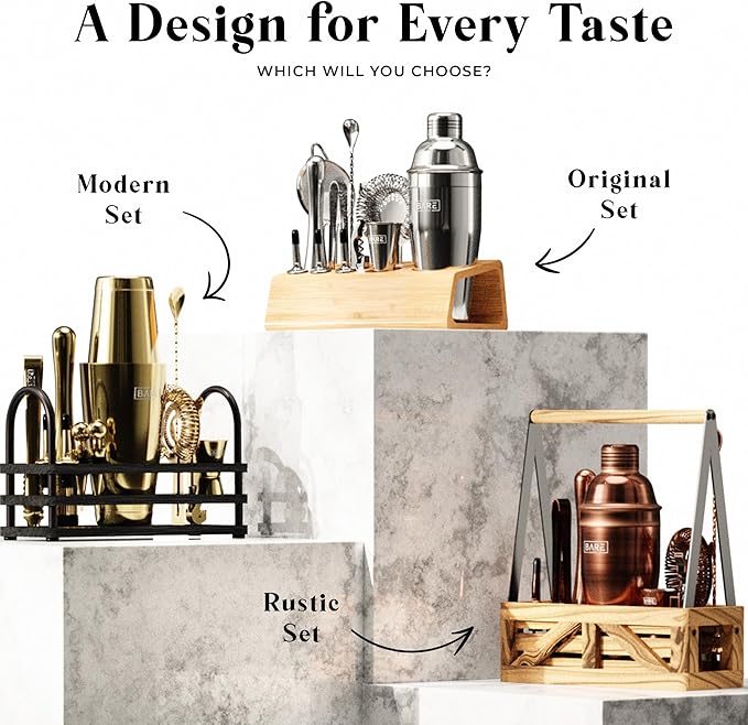 BARE BARREL® Mixology Bartender Kit Bar Set | 16-Piece Cocktail Shaker Set | Martini Barware Mixing Tools for Home Bartending | Incl. 35 Recipe Cards | Gift Set (24oz Cobbler Shaker, Silver/Natural)