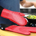 BPA-Free Soft Silicone Oven Mitts - Ultra Heat Resistant Oven Mitts with Thick Cotton Liner - Extra Long Slip Resistant Pot Holders, Flexible Oven Gloves - Red/Black 14.7"
