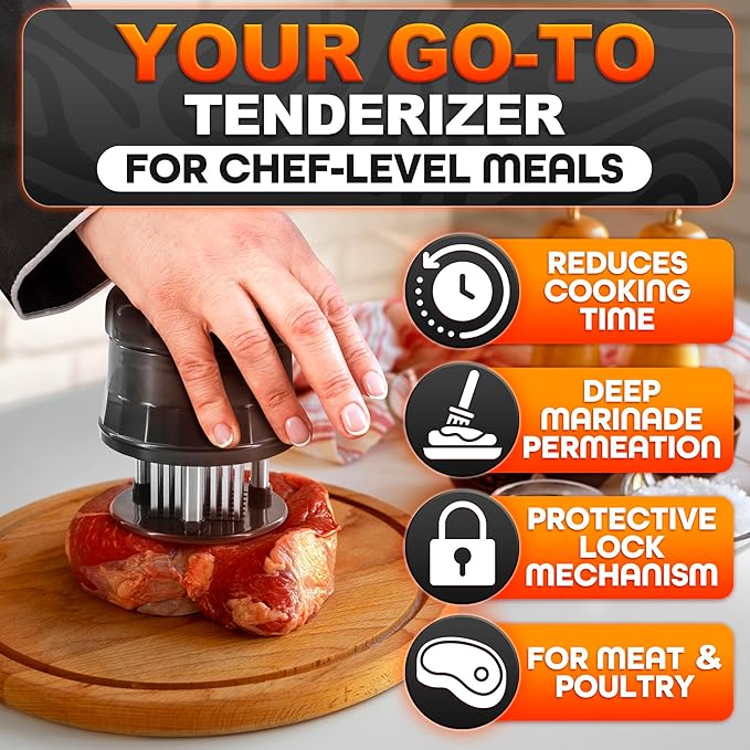 Meat Tenderizer Tool - Convenient Chicken Tenderizer Tool with 56 Sharp Stainless Steel Needle Blades, Safety Lock & Cleaning Brush, Dishwasher Safe - for Beef, Steak, Fish, Meat & Poultry Tenderizers
