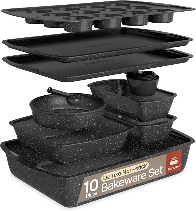 Gray Marble 10-Piece Bakeware Sets, Nonstick Carbon Steel Baking Sheet & Pans, Stackable Space-Saving Bakeware, Dishwasher Safe, Stain-resistant, PFOAPFOSPTFE Free, Oven Safe Up To 450°F (230°C)