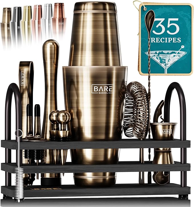 BARE BARREL® Mixology Bartender Kit Bar Set | 14-Piece Cocktail Shaker Set | Martini Barware Mixing Tools for Home Bartending | 35 Recipe Cards | Gift Set (28oz Boston Shaker, Brass/Black)