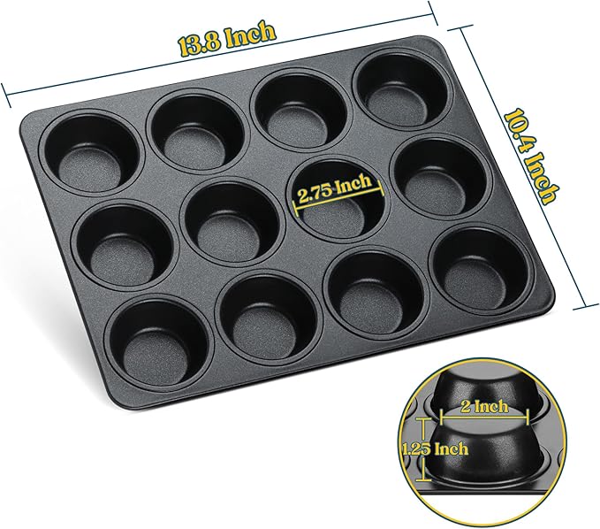 E-far Nonstick Muffin Pans 12 Cups, Stainless Steel Muffin Tin Cupcake Pan Tray for Baking, Stainless Steel Core & Non Toxic, Easy Release & Easy Clean, Black
