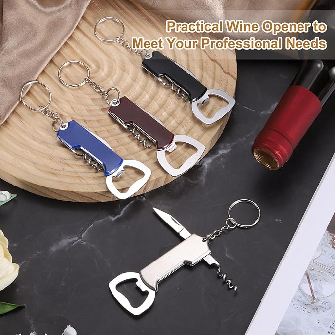 uxcell 2 Pcs Wine Opener, Bottle Opener Keychain, Durable Stainless Steel Waiter's Corkscrew, Compact All-In-One Home Bar Tool for Bar, Party, Wedding, Home, Travel, Silver