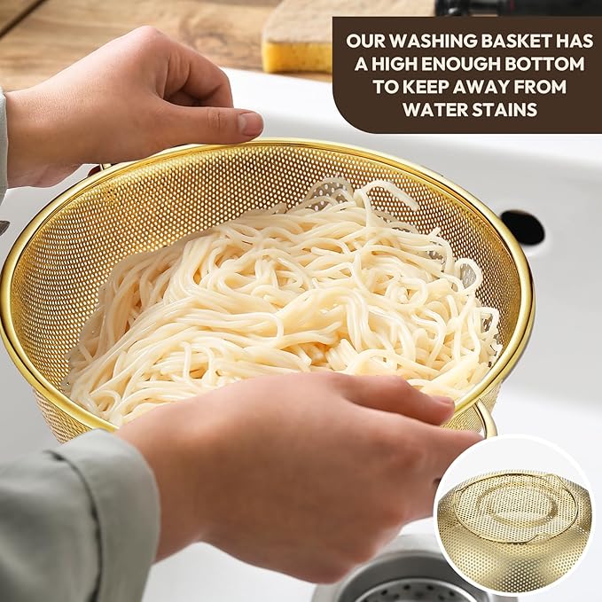 Baderke 3 Pieces Stainless Steel Gold Colander Metal Strainer with Handle Pasta Gold Colander for Kitchen Draining Pasta Rinsing Vegetables Rice Food, 3 Sizes(1-3-5 Quart,Classic)