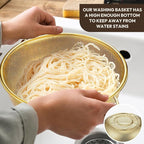 Baderke 3 Pieces Stainless Steel Gold Colander Metal Strainer with Handle Pasta Gold Colander for Kitchen Draining Pasta Rinsing Vegetables Rice Food, 3 Sizes(1-3-5 Quart,Classic)