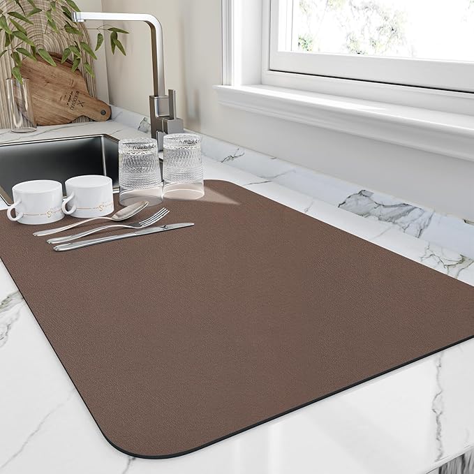 HotLive Dish Drying Mat for Kitchen Counter, Heat Resistant Drainer Mats with Non-slip Rubber Backed, Hide Stain Kitchen Super Absorbent Draining Mat, Easy to Clean Dish Rack Pad, Brown 16"x18"