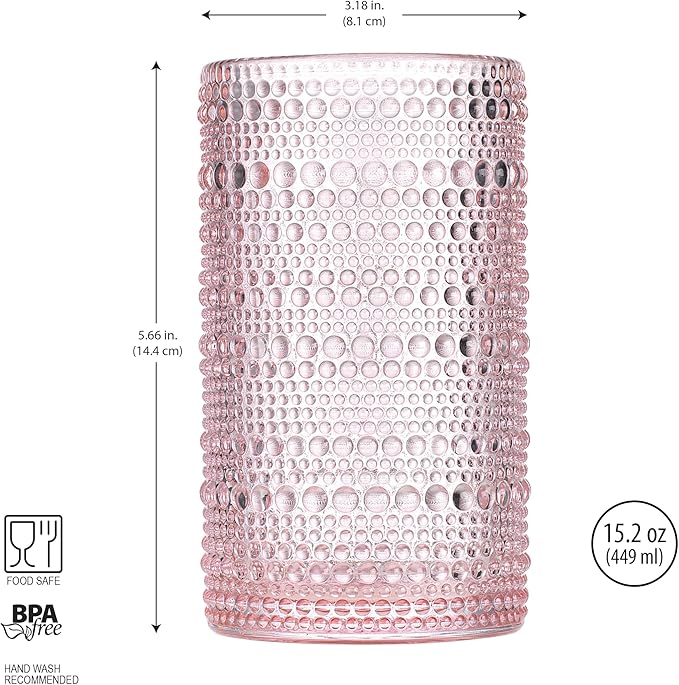 Glaver's Hobnail Drinking Glasses, Pink Vintage Glassware Set, Beaded Drinking Glasses, Set Of 4 15 oz Cocktail Glass Set, Bubble Glasses, For Everyday Usage