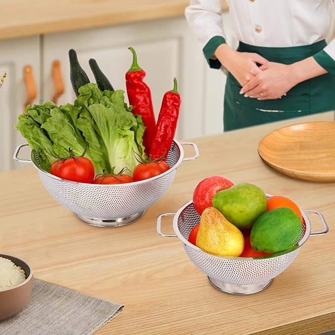 2PCS Colander for Kitchen, 3QT and 5QT, Stainless Steel Colander Strainer with Handle for Fruits Vegetables Cooking Food, Dishwasher Safe