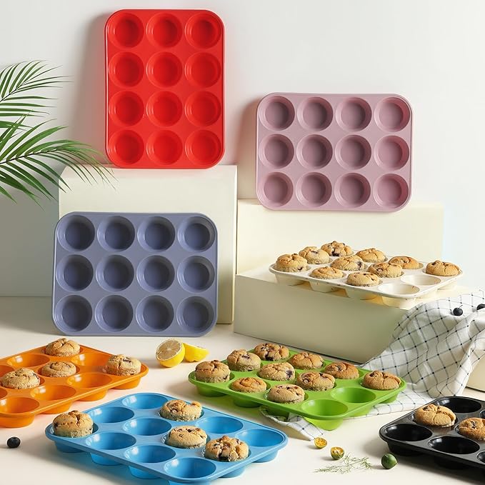 2 Pack 12 Cups Silicone Muffin Pan with Metal Reinforced Frame Regular Size Silicone Molds Cupcake Cake Baking Pans Cookie Baking Chocoflan Cupcake Mold Baking Homemade Muffins Cupcakes Egg Bites