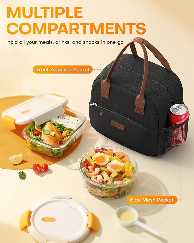 HOTOR Lunch Bag for Women & Men - Wear-Resistant Insulated Lunch Box with Large Capacity, Multi-Functional Cooler Bag for Office, Picnic, Black, 10L,10.60" x 5.90" x 9.50"