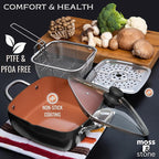 Moss & Stone 5 Pcs Black Copper Chef Cookware Non Stick Deep Frying Pan, Fry Basket, Steamer Rack, Dishwasher & Oven Safe, 5 Qt Deep Square Pan, Induction Copper Cookware Set - 9.5" x 3.5"