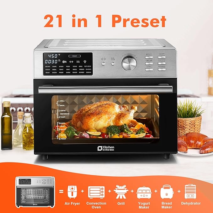 Kitchen in the box 32QT Extra Large Air Fryer Toaster Oven Combo, 21-in-1 Countertop Convection Toaster Oven with Rotisserie and Dehydrate, 6 Accessories, 1800W Dual Cook Preset (Silver)