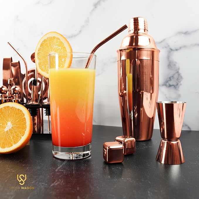 Mixology Bartender Kit – 24 Piece Rose Gold Cocktail Shaker Set w/Stand – Essential Home Bar Accessories Martini Shaker, Jigger, Muddler, Chilling Cubes & More